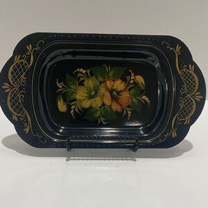 Small  Mini Vintage Black Tole Hand Painted Tray  1960s Metal